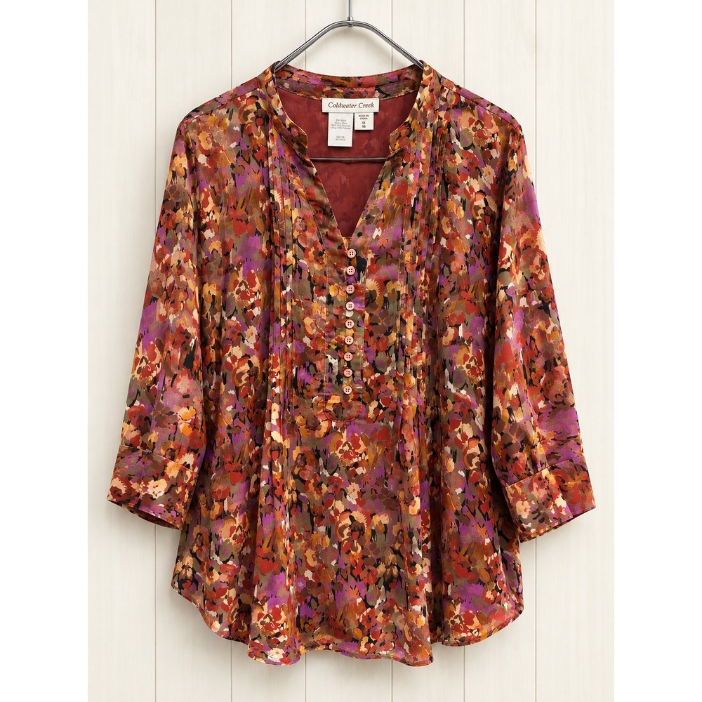 Coldwater Creek 1X 18 Abstract Floral Pintuck Blouse 3/4 Sleeve Lined Multi